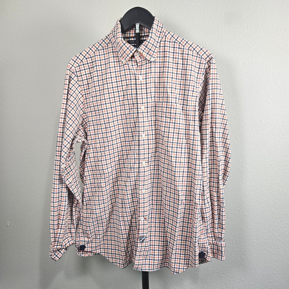 Cremieux Slim Fit Stretch Oxford Mens Large Orange Navy Plaid Preppy Button Down